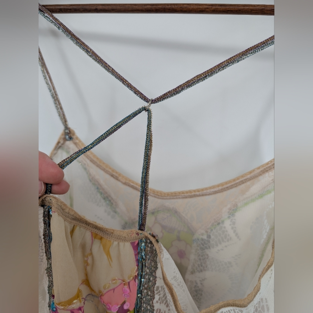 Free People White Lace Patchwork Tank with Pink & Green Floral Panel - Picture 8 of 10